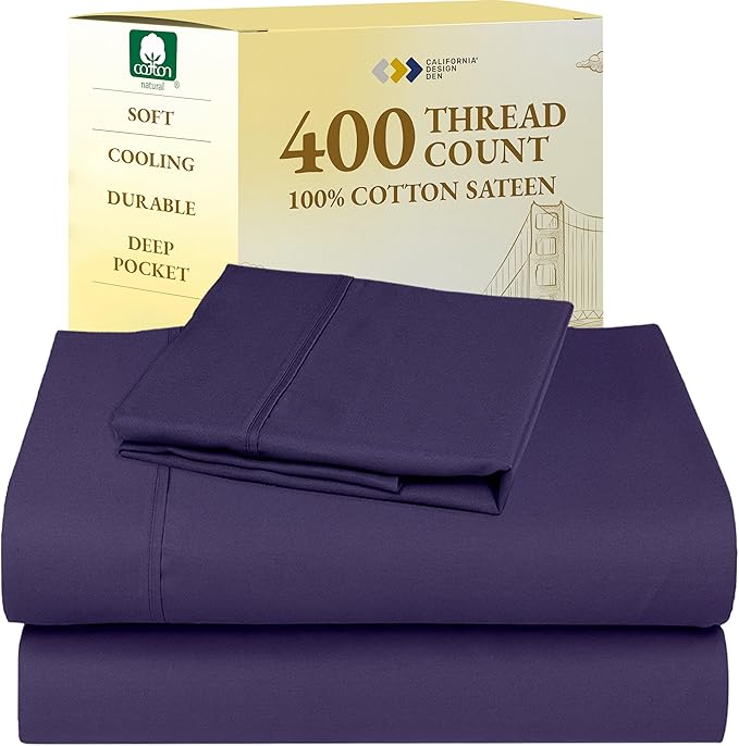 California Design Den Twin XL Sheet Sets - 400 Thread Count Sateen, 100% Cotton Sheets Set, Deep Pockets, and Durable Bedding for Dorm Rooms & Adults - Purple
