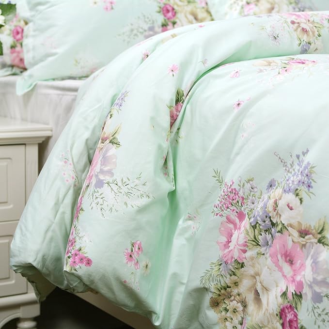 FADFAY Green Floral Duvet Cover Sets Vintage Flower Printed Bedding Ultra Soft 100% Cotton Twin Extra Long Designer Bedding Set 3 Pieces, 1duvet Cover & 2pillowcases (Twin XL Size, Simple Style)