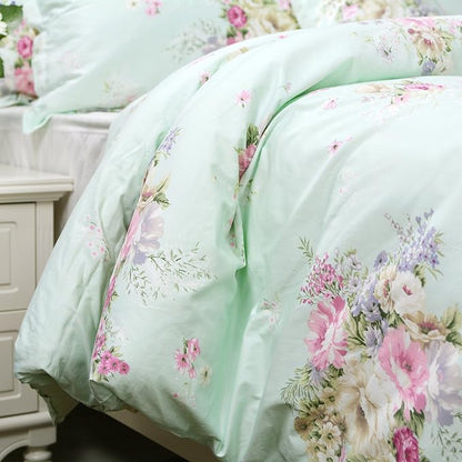 FADFAY Green Floral Duvet Cover Sets Vintage Flower Printed Bedding Ultra Soft 100% Cotton Designer Bedding Set 3 Pieces, 1duvet Cover & 2pillowcases (Queen Size, Simple Style)