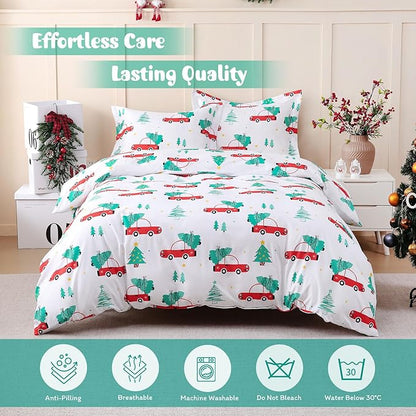 JSD Red Cars Kids Christmas Duvet Cover Set Queen Size, 3 Piece Xmas Comforter Cover with Pillow Sham Zipper Closure, Comforter Not Included