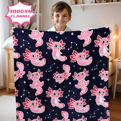BORORO Glow in The Dark Axolotl Blanket - Pink Axolotl Gifts Toys for Kids Girls Ages 3-12 Years Old Birthday, Lightweight Soft Salamander Throw Blanket for Sofa Bed Camping Bedroom Decor 50x60 inch