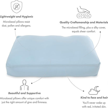 PILLOWY Premium Microbead Bed Pillow, Large Extra Fluffy But Supportive - Ultra Comfortable Sleep with Silk Like Anti Aging Cover 85% Spandex/ 15% Nylon Breathable, Cooling Sweet Baby Blue
