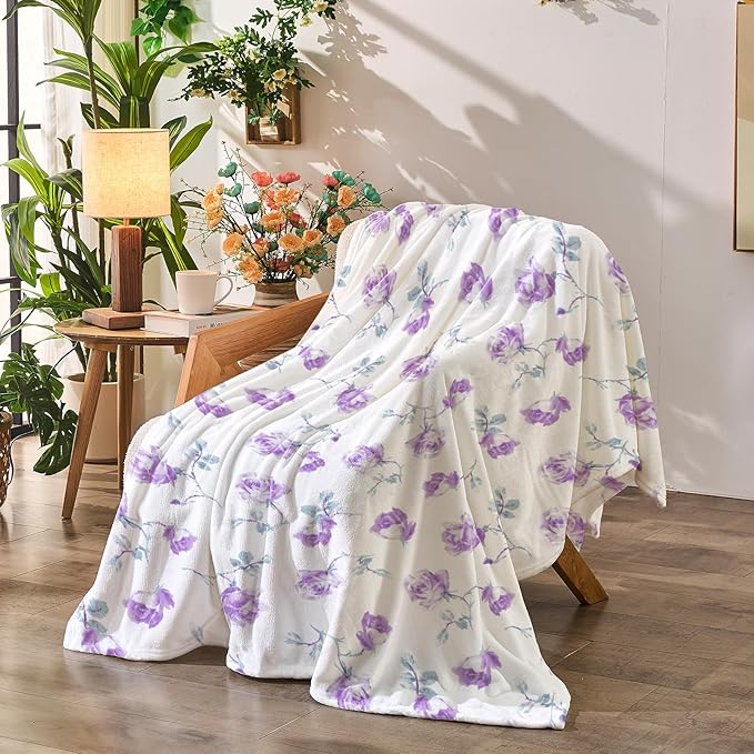 Floral Throw Blanket Birthday Gift for Women Mom Girls Purple Flowers Blanket Summer Wildflower Flannel Blanket Watercolor Printed Throw for Couch Sofa Bed Chair 60"x80"