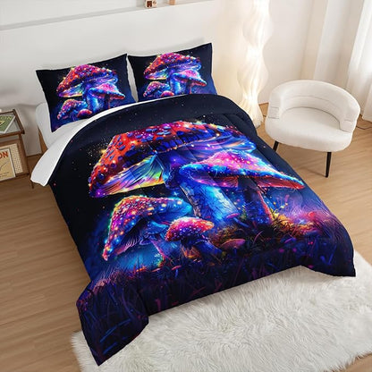Luminescent Mushroom Comforter Set Full Size,Natural Wild Fungus Bedding for Kids Boys Girls Room Decor,Wild Botanical Theme Bedding Sets with 2 Pillowcases.