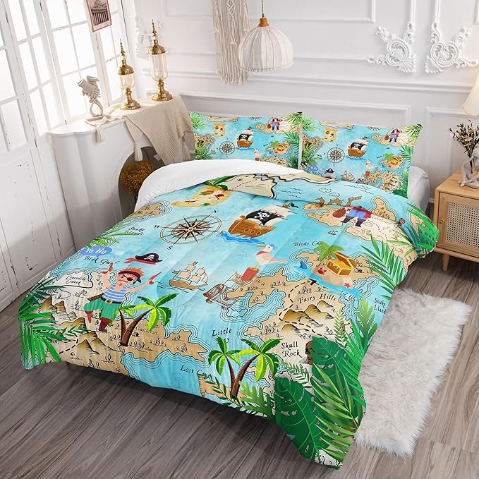 Kids Comforter Set Pirate Ship Printed Pattern Bedding Set with 1 Comforter and 2 Pillowcases for Girls Boys Bedroom All Season(Pirate Ship Full)