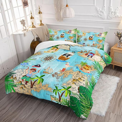 Kids Comforter Set Pirate Ship Printed Pattern Bedding Set with 1 Comforter and 2 Pillowcases for Girls Boys Bedroom All Season(Pirate Ship Full)