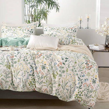 Duvet Cover Queen Size Floral 100% Brushed Microfiber Chic Flower Branches Pattern Bedding Set 3 Pieces for All Seasons, 1 Duvet Cover and 2 Pillowcases with Zipper Closure (Floral, Queen)
