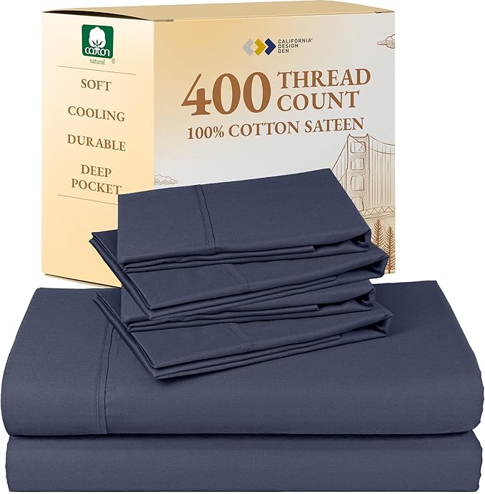 California Design Den 6-Pc King Size Sheet Set with 4 Pillowcases - Soft 400 Thread Count 100% Cotton Sheets, Sateen Weave, Deep Pocket Bedsheets Set - Indigo Dusty Blue