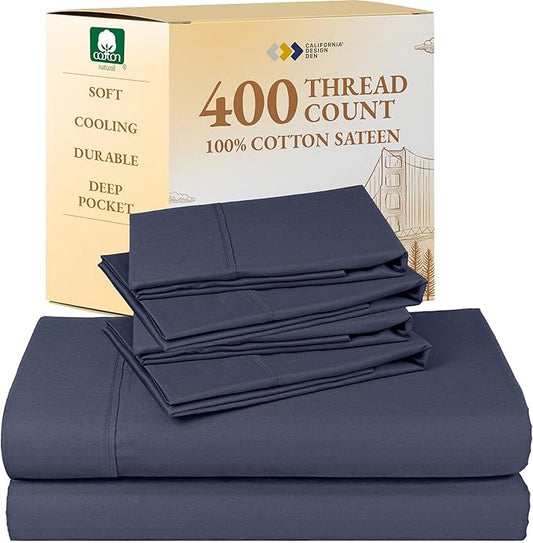 California Design Den 6-Pc King Size Sheet Set with 4 Pillowcases - Soft 400 Thread Count 100% Cotton Sheets, Sateen Weave, Deep Pocket Bedsheets Set - Indigo Dusty Blue