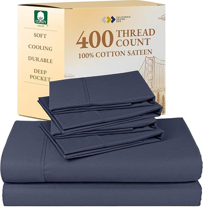 California Design Den 6-Pc Queen Size Sheet Set with 4 Pillowcases - 400 Thread Count 100% Cotton Sheets, Sateen Weave, Deep Pocket Bedsheets Set - Indigo Dusty Blue