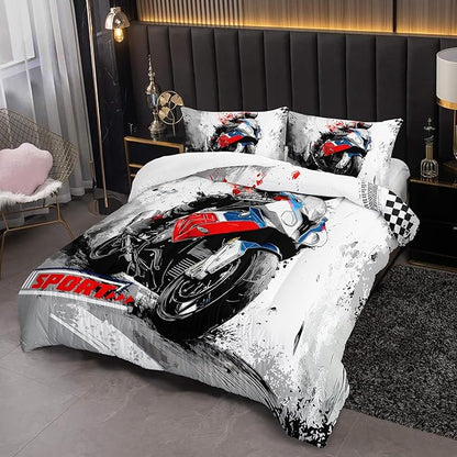 Motorcycle Race Comforter Set Queen Size for Boys，Kids Sports Themed Queen Size Bedding Set，Sport Quilt for Boys，with 1 Comforter with 2 Pillow Case