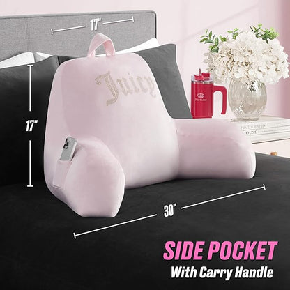Juicy Couture Velour Backrest Pillow with Rhinestone Juicy Logo - 30"x17", Light Pink Supportive Bed Rest Pillow for Reading, Gaming, or Relaxing