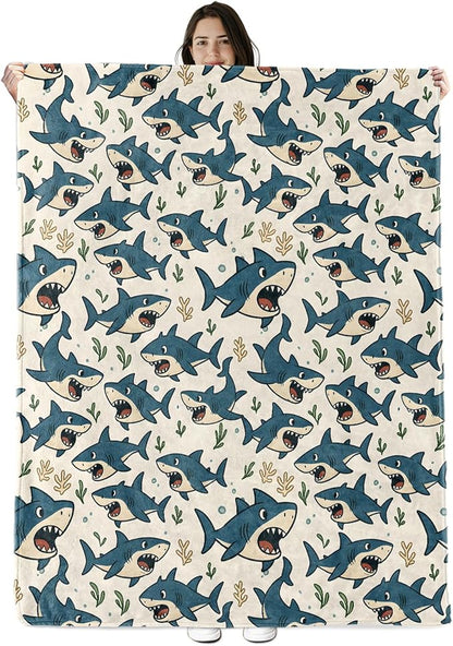 Shark Blanket Gifts for Boys Girls Kids, Ocean Sea Animal Warm Soft Flannel Throw Blankets for Travel, Sofa, Living Room, Bedroom Decor, 50x60 in