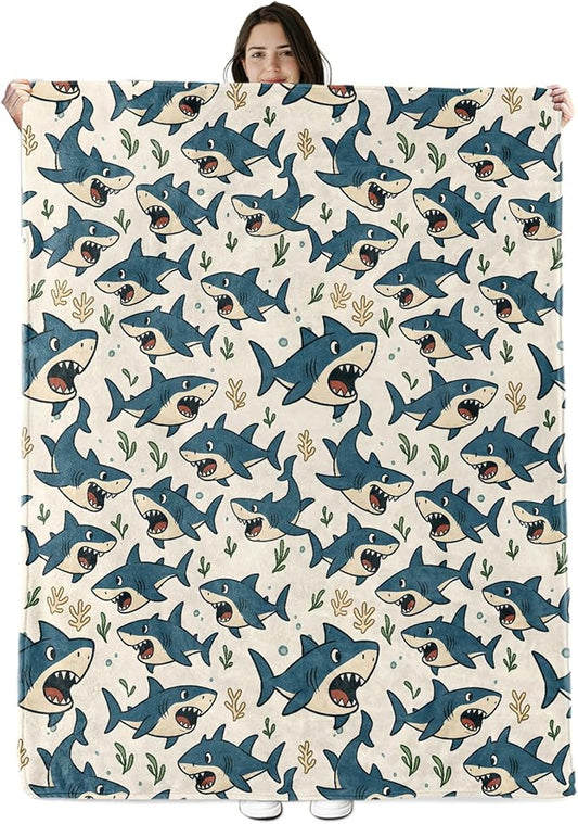 Shark Blanket Gifts for Boys Girls Kids, Ocean Sea Animal Warm Soft Flannel Throw Blankets for Travel, Sofa, Living Room, Bedroom Decor, 50x60 in