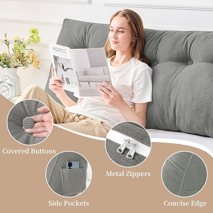 Sasttie Headboard Pillow Queen, Triangular Wedge Pillow Headboard, Wedge Headboard Pillow for Bed Sofa, Daybed Pillows for Sitting up, Reading or Working with Removable Cover, Light Grey