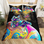 Castle Fairy Tie Dye Planet Print Comforter Cover Full Size, Rainbow Cats and Butterfly Animal Duvet Cover Set for Boys Teens Present, Golden Glitter Sequin Watercolor Quilt Cover with 2 Pillowcases