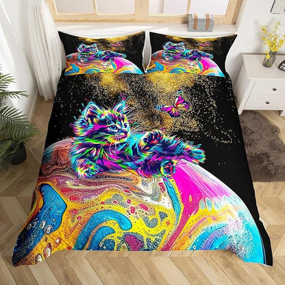 Rainbow Cat Butterfly Bedding Set Queen Size, Watercolor Tie Dye Planet Galaxy Outer Space Duvet Cover Set with 2 Pillowcases, Shiny Golden Glitter Sequin Comforter Cover, Soft Polyester