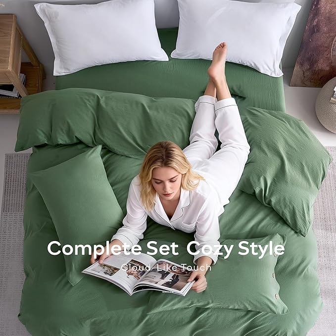 JELLYMONI 100% Washed Cotton Duvet Cover King – Soft, Breathable Linen-Look Bedding with Natural Wrinkle Texture, Button Closure, 3-Piece Set (Dusty Green, 104"x90")