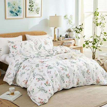 Floral Queen Duvet Cover, 100% Cotton 3 Pieces Floral Bedding Sets with Zipper Closure Vintage Style Garden Comforter Cover, Soft Breathable, Lightweight