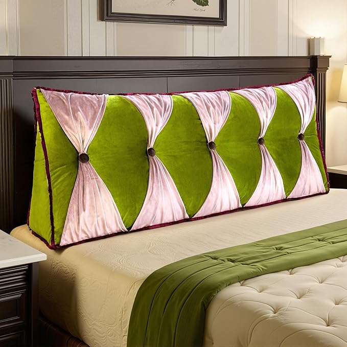 WOWMAX Headboard Pillow Queen, Triangular Wedge Pillow Headboard, Wedge Headboard Pillow for Bed Sofa, Daybed Pillows for Sitting up, Reading or Working with Removable Cover, Green-Pink
