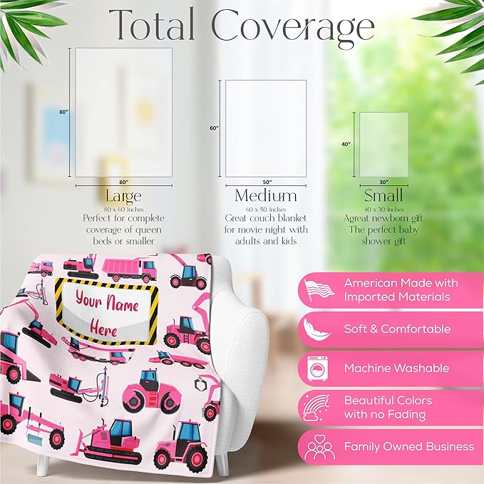 Personalized Construction Truck Blanket for Girls and Boys, Cute Custom Name Throw in Blue or Pink, Colorful Heavy Duty Vehicle Theme, Soft and Plush, Christmas or Birthday, (Sherpa 60x80)