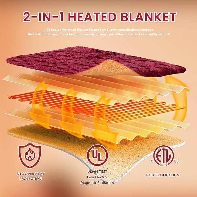 Heated Electric Blanket Queen Size-84"x90" Heating Blanket with 10 Heating Levels & 5 Time Settings Over-Heat Protection，Winter Warmer for Adults with ETL Certification（Red）