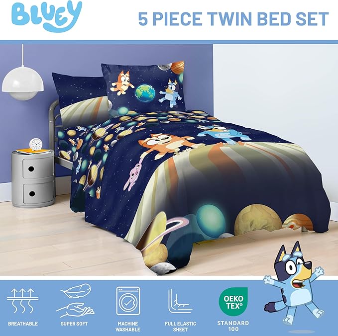 Jay Franco Kids Comforter Set Includes Sheets and Pillow Covers - Soft and Cozy Bed Set for Stylish Room Decor, Blue - Bluey & Bingo, 5 Piece Twin