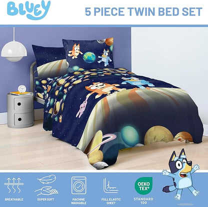 Jay Franco Kids Comforter Set Includes Sheets and Pillow Covers - Soft and Cozy Bed Set for Stylish Room Decor, Blue - Bluey & Bingo, 5 Piece Twin