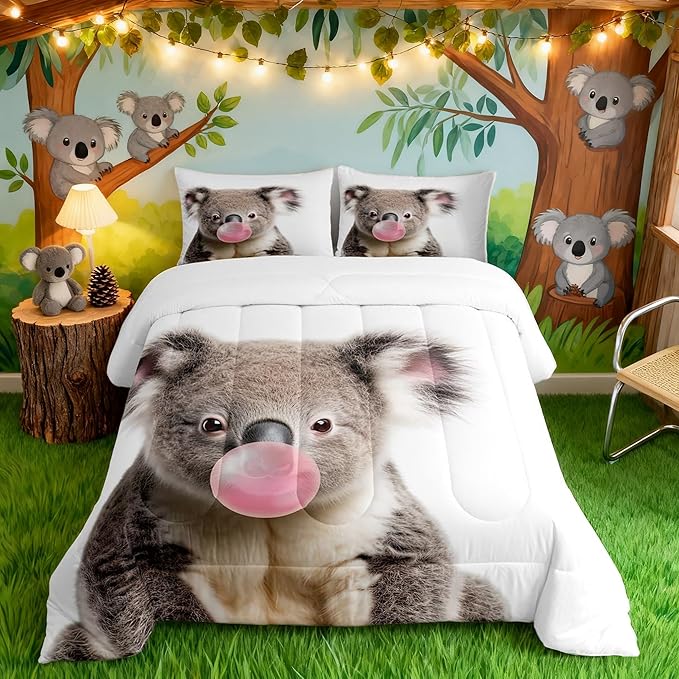 Castle Fairy 3D Koala Full Size Comforter Set,Koala Blowing Bubbles Bedding Set for Adults Teens,Children Wild Animals Comforter Luxury Cute Animal Quilt Set Room Decor 3Pcs