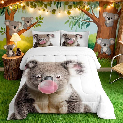 Castle Fairy 3D Koala Full Size Comforter Set,Koala Blowing Bubbles Bedding Set for Adults Teens,Children Wild Animals Comforter Luxury Cute Animal Quilt Set Room Decor 3Pcs