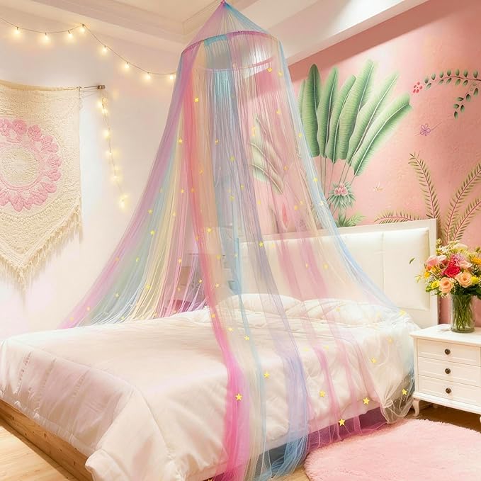 Eimilaly Princess Rainbow Bed Canopy with Stars Glow in The Dark, Bed Canopy for Girls Room Decor or Unicorn Theme Party