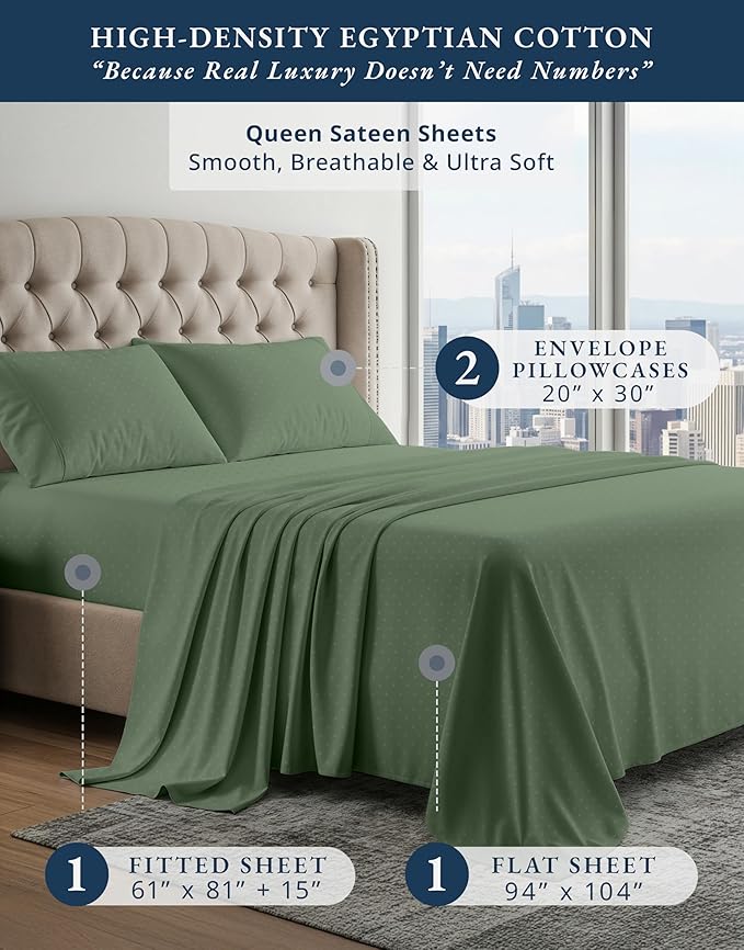 LANE LINEN 100% Egyptian Cotton Queen Sheet Set, Soft & Comfy Thick Fully Elasticized Mercerized Cotton Sheets, No Pill Fade Resistant Elegant Jaquard Swiss Dot - Iceberg Green