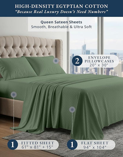 LANE LINEN 100% Egyptian Cotton Queen Sheet Set, Soft & Comfy Thick Fully Elasticized Mercerized Cotton Sheets, No Pill Fade Resistant Elegant Jaquard Swiss Dot - Iceberg Green