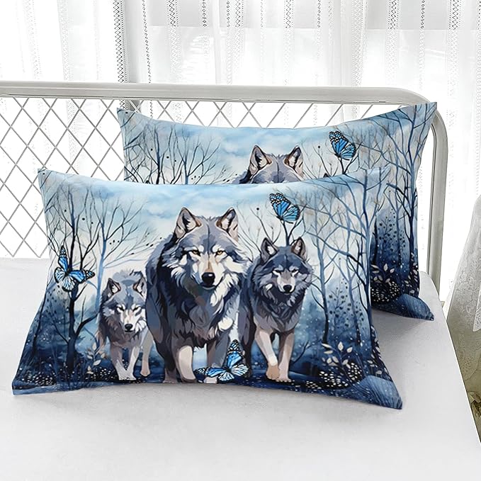 Watercolor Wolf Bedding Comforter Set Queen Size for Kids Teens and Adults Wild Animals Bedroom 100% Soft Microfiber All Season Print Quilt Set with 1 Comforter and 2 Pillowcases