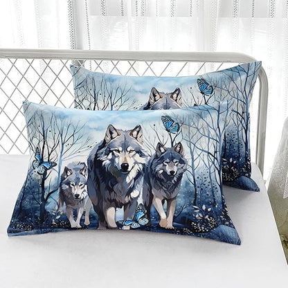 Watercolor Wolf Bedding Comforter Set Full Size for Kids Teens and Adults Wild Animals Bedroom 100% Soft Microfiber All Season Print Quilt Set with 1 Comforter and 2 Pillowcases