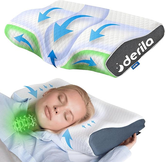 Derila Cervical Neck Pillow for Sleeping - Support Pillow for Back, Stomach, Side Sleeper Contour Memory Foam Pillows for Shoulder Relief, for Women 19.7" x 11.8" x 3.9"