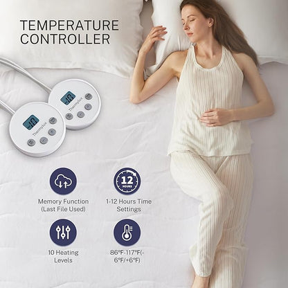 Electric Mattress Pad King Size Quilted Wave 10 Heat Settings & Dual Control with 12 Hour Auto Off, Deep Pocket Fits up to 18",Coral Fleece Bed Warmer,ETL Certified Machine Washable, 78"x80"