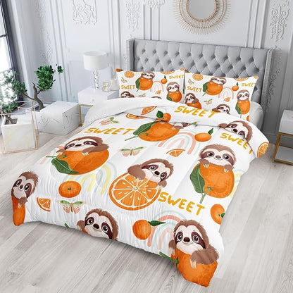 Cute Brown Sloth Bedding Animal Orange Butterfly Comforter 3Pcs Full Rainbow Sweet Pattern Bedding Set for Kids Teens Girls Boys Bed Decor Tangerine Quilt with 1 Comforter and 2 Pillowcases