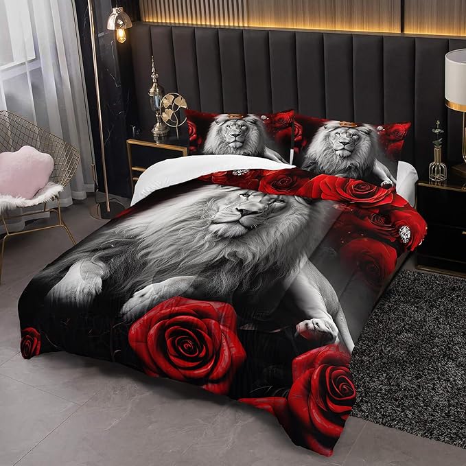 Wild Lion Comforter Set Queen Size, 3Pcs Animal Lion and Red Rose Bedding Set for Women and Adults, Cheetah Soft Comforter Set for Bedroom Bed Decor, 1 Comforter+ 2 Pillowcases.