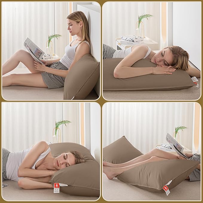 Goose Down Body Pillows for Adults, Large Body Pillow for Side Sleeper, Hugging Feather Body Pillow Insert, Cooling Full Length Long Pillow for Bed with 100% Organic Cotton Shell, Chocolate 20"x60"