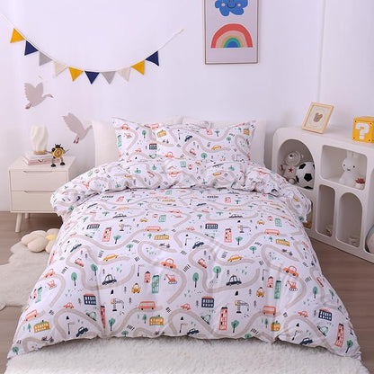JSD Cars Kids Duvet Cover Set Full Size, 3 Piece Soft Printed Microfiber Comforter Cover with Pillow Sham Zipper Closure, Comforter Not Included