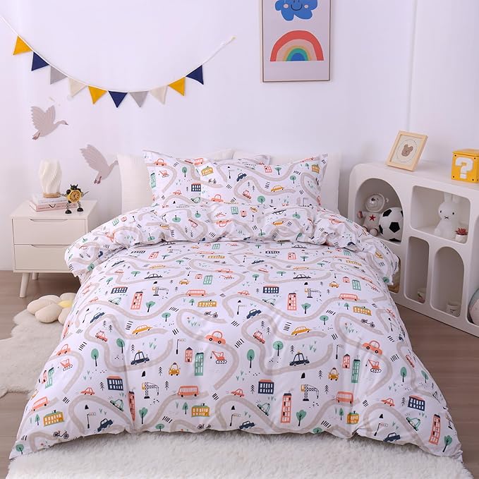 JSD Kids Duvet Cover Set Queen Size, 3 Piece Cars Printed Microfiber Comforter Cover with Pillow Sham Zipper Closure, Comforter Not Included