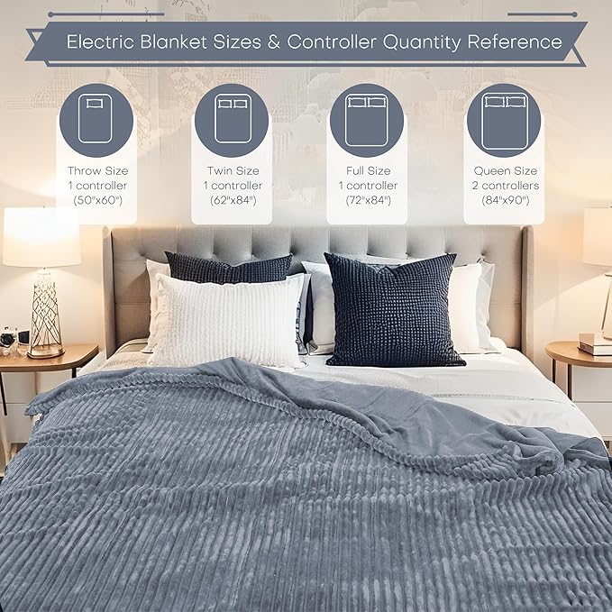 Electric Heated Blanket 62"x84" Twin Size with Cozy Flannel, 6 Heat Settings & 10 Hours Auto Off, Soft & Cozy Warming Throw for Home, Office, or Bed, Machine Washable, Grey