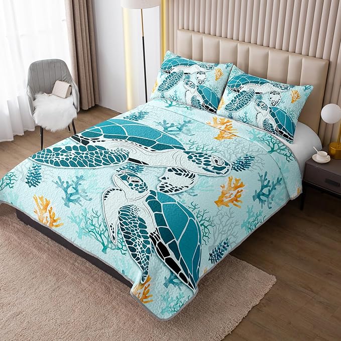 HOSIMA Sea Turtle Quilts Twin Size,Sea Turtle Print Lightweight Quilt,Different Corals Pattern Coastal Bedding for Teenage Girl Room Decor,Ocean Themed Bedding for Boys with 2 Pillowcases.