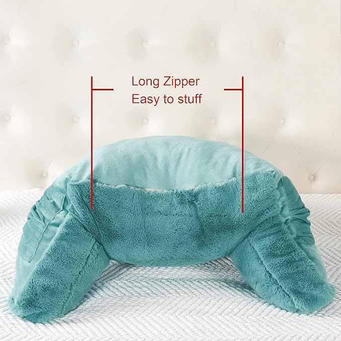 Plush Faux Fur Backrest Reading Bed Rest Pillow with Arms and Pockets for Sitting in Bed Couch Sofa, Back Support Wedge Cushion with Removable Cover, 20" x 18" x 17", Aqua