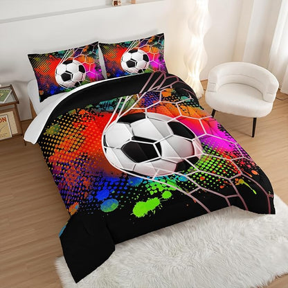 Soccer Bedding Set Queen Size,Sports Comforter Sets for Boys,Football Rushing Out of The Goal Pattern Bedding Sets for Kids Room Decor,Watercolor Tie Dye Bed Comforter Sets with 2 Pillowcases.