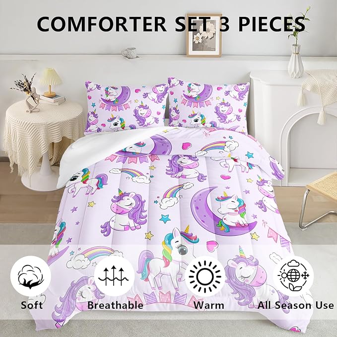 Axolotl Purple Unicorn Comforter Set King Size,Kids Bedding Set for Girls,Cute Unicorn Rainbow Bedding with Stars,3Pcs Cartoon Stars Printed Bed Set 1 Comforter 2 Pillowcases All Seasons