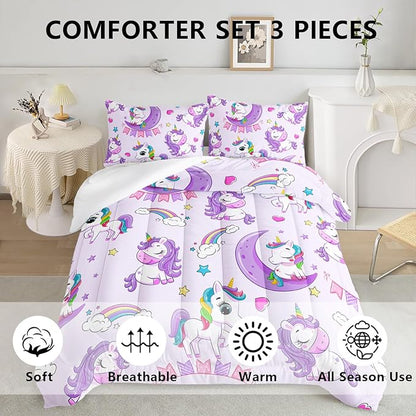 Axolotl Purple Unicorn Comforter Set King Size,Kids Bedding Set for Girls,Cute Unicorn Rainbow Bedding with Stars,3Pcs Cartoon Stars Printed Bed Set 1 Comforter 2 Pillowcases All Seasons
