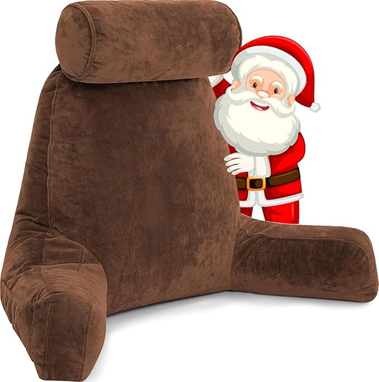 Husband Pillow XXL - Reading Pillow Bed Chair with Arms & Back Support - Chocolate - Back Pillow for Bed Sitting Up - Bed Rest Arm Pillow - Comfy Reading Pillow for Adults