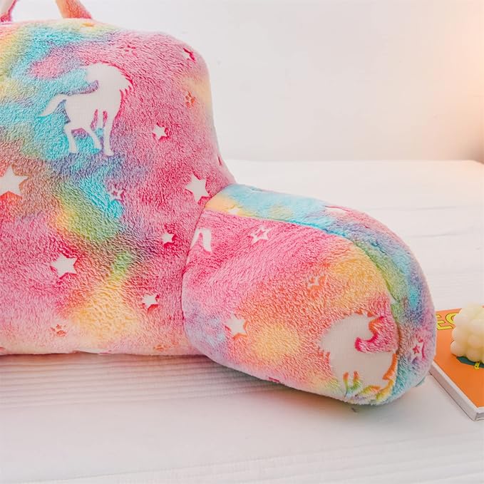 Meeting Story Colorful Unicorn Luminous Reading Pillows Glow in The Dark with Arms Back Pillow for Bed, Bed Rest Pillow for Adults, Teens, Kids, (Rainbow)